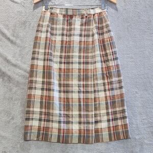 Vintage Pendleton Womens Flax Blend Plaid Faux Wrap Midi Skirt Size 8 Academia